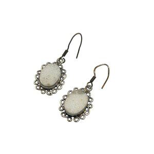 Vintage Druzy Earrings Sterling Silver Dangles Pierced Long Oval Shaped Ornate